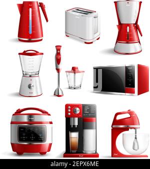Colored realistic household kitchen appliances icon set with red elements and stylish type vector illustration Stock Vector