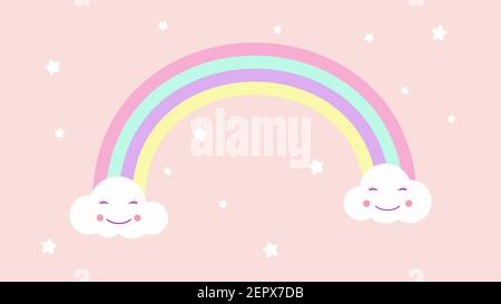 Kawaii funny white clouds set, muzzle with pink cheeks and winking eyes, rainbow on light pink background. Vector Stock Vector