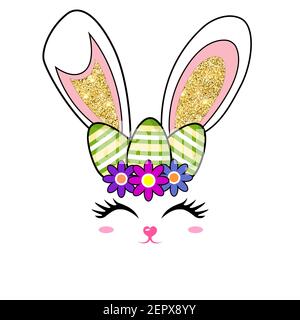Cute easter bunny face, glitter ears and eggs with flowers. Design for greeting cards, poster, flyer, banner or invitation cards. Vector illustration Stock Vector