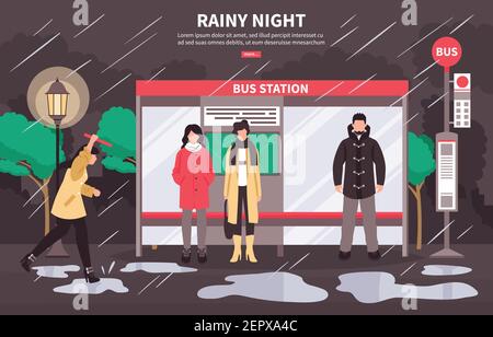 Bad weather transportation web page poster with people waiting at bus stop on rainy night vector illustration Stock Vector