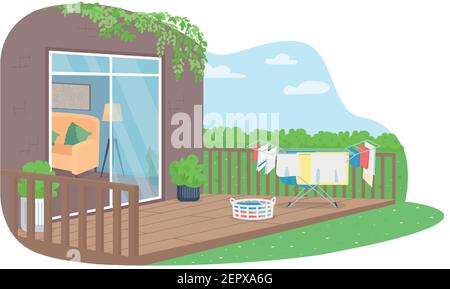 Drying laundry in back yard 2D vector web banner, poster Stock Vector