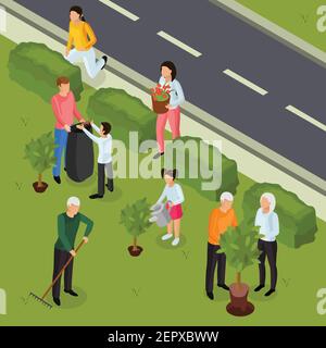 Spring territory cleaning outdoor work isometric composition with grass lawn raking trees planting shrubs pruning vector illustration Stock Vector