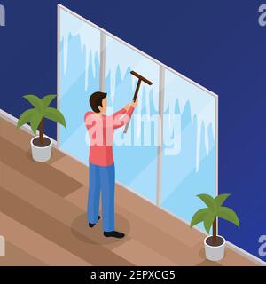 Spring thorough house cleaning works isometric background poster with man washing windows with squeegee wiper vector illustration Stock Vector