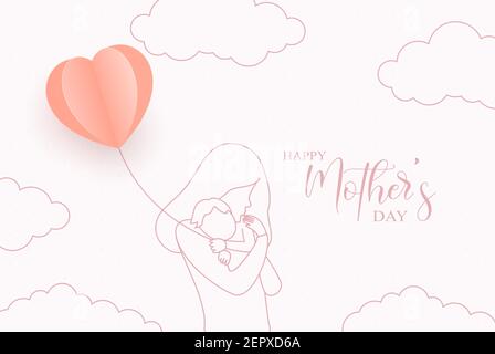 Happy Mother day card. Continuous one line drawing. Woman hold her baby with air balloons shaped as heart. Vector illustration Stock Vector