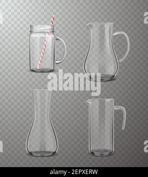 Four isolated  glass jugs of different form in realistic style on transparent background vector illustration Stock Vector