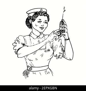 Nurse With A Syringe Ink Black And White Illustration Stock Photo Alamy