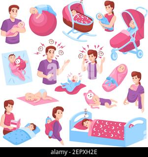 Sleeping babies toddlers kids children in crib stroller parents arms pink blue icons collection isolated vector illustration Stock Vector