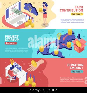 Isometric crowdfunding banners collection with conceptual image compositions representing online donation services and worldwide money contribution ve Stock Vector