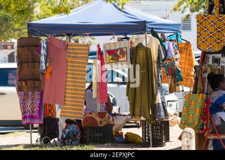 street market stall displaying African arts and crafts and handiwork closeup in Stellenbosch, Western Cape, South Africa Stock Photo