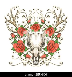 Hand Drawn Deer or Antler Skull With Rose Flowers isolated on white. Bohemian And Hipster style Tattoo. Vector illustration Stock Vector