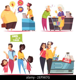 Queues characters concept 4 icons set with old young couples in supermarket and fastfood lines vector illustration Stock Vector