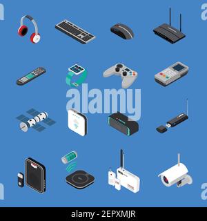 Wireless electronic devices including computer equipment, satellite, battery charger, isometric icons isolated on blue background vector illustration Stock Vector
