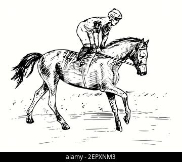 Hand drawn professional athlete jockey on horseback participating in racing on the racetrack. Ink black and white drawing. Stock Photo