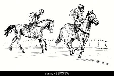 Hand drawn professional athlete jockey on horseback following other participating in racing on the racetrack. Ink black and white drawing. Stock Photo