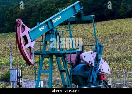 Pump jack on oilfield and gas industry, oil well derrick Stock Photo