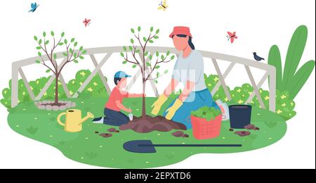 Mother with child planting tree flat color vector faceless characters Stock Vector