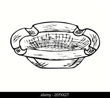 Hand drawn ashtray. Ink black and white drawing. Stock Photo