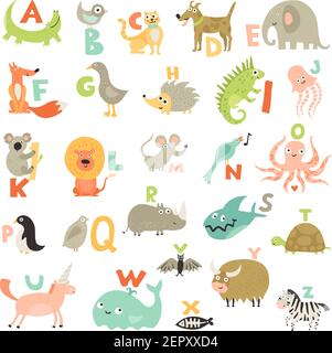 Complete children abc alphabet for babies toddlers preschoolers with funny animals pictures for each letter vector illustration Stock Vector