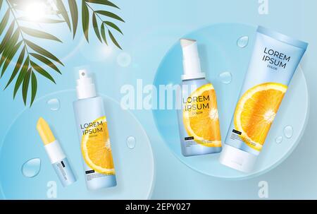 3D Realistic Vitamin C Sunscreens Cream Bottle Background with palm leaves, podium and orange. Design Template of Fashion Cosmetics Product. Vector Il Stock Vector