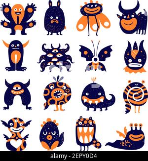 Funny monsters big set with butterfly scary plant sad rabbit spiral black orange creatures isolated vector illustration Stock Vector