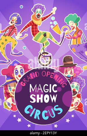 Circus grand opening magic how performance announcement poster with funny clowns on bright purple background vector illustration Stock Vector