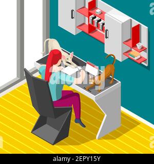 Woman during working process and playful cats on desk isometric background with home interior vector illustration Stock Vector