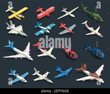 Set of isometric icons airplanes and helicopters of various shape on black background isolated vector illustration Stock Vector