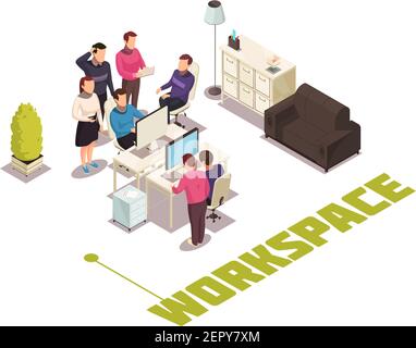 Office work space isometric compositions with coworkers at computer and discussing  project colleagues sharing workplace vector illustration Stock Vector