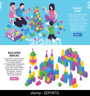 Toy constructor isometric horizontal web page banners with family building castle from colorful plastic bricks vector illustration Stock Vector