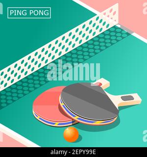 Ping pong isometric background with sports equipment including table, rackets with ball and net vector illustration Stock Vector