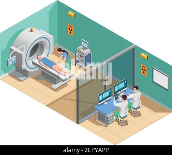 Medical examination with mri scanner, patient and doctors, isometric composition with interior elements vector illustration Stock Vector