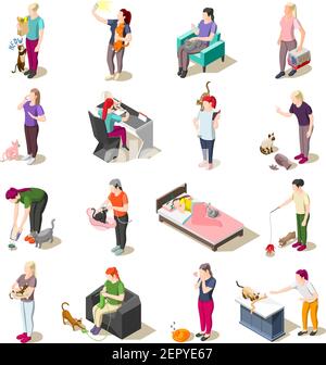 Ordinary life of man and his cat set of isometric icons isolated vector illustration Stock Vector