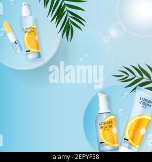 3D Realistic Vitamin C Sunscreens Cream Bottle Background with palm leaves, podium and orange. Design Template of Fashion Cosmetics Product. Vector Il Stock Vector