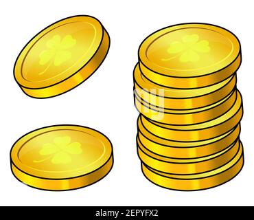 Coin with clover icon. Gold money set with 4 leaf shamrock. Great for st patrick celebration design. Vector cartoon illustration isolated on white bac Stock Vector