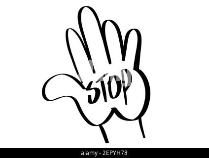 Simple basic  line drawing illustration of a hand  with stop written on the palm of the hand. Stock Photo