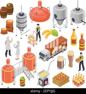 Brewery isometric elements set with barley grain hops malting boiling fermentation bottling aging transportation isolated vector illustration Stock Vector