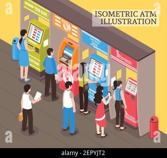 Automatic vending and telling machines isometric composition with people buying transport tickets and taking cash vector illustration Stock Vector