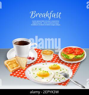 Delicious nourishing breakfast with eggs coffee and toasts on checked napkin realistic background vector illustration Stock Vector