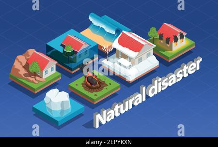 Natural disaster isometric concept with flood and fire isolated vector illustration Stock Vector