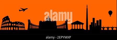 Vector city skyline silhouette - illustration,  Town in orange background,  Rome Italy Stock Vector