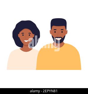 Happy young African man and woman standing together. Lovely mature American couple. Family flat illustration. Sister and brother. Wife and husband Stock Vector