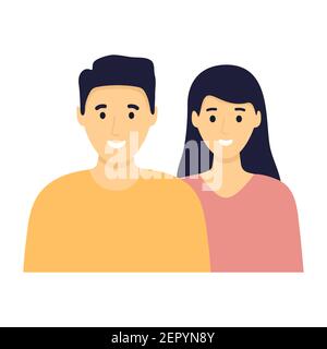 Happy young man and woman standing together. Lovely mature couple. Wife and husband smiling. Family flat illustration. Sister and brother vector Stock Vector