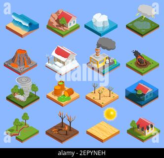 Natural disaster isometric icons set with volcano eruption and flood isolated vector illustration Stock Vector