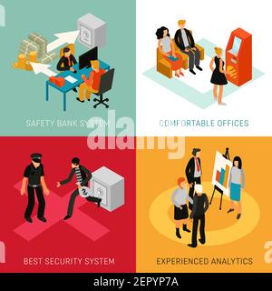 Bank people staff customers 4 isometric icons concept with analytics advisers and security system isolated vector illustration Stock Vector