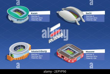 Russia June 2018. Football cup isometric set with stadiums in Kazan Sochi Moscow isolated vector illustration Stock Vector