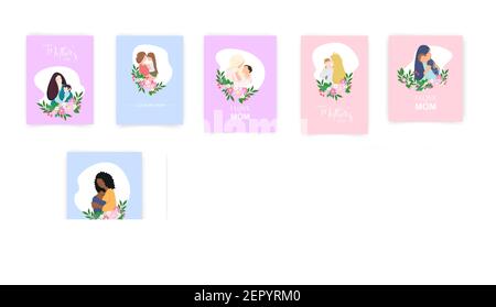 Set of Mother's day cards. Collection of vector templates for scrapbooking, journaling, congratulations and cards. Stock Vector