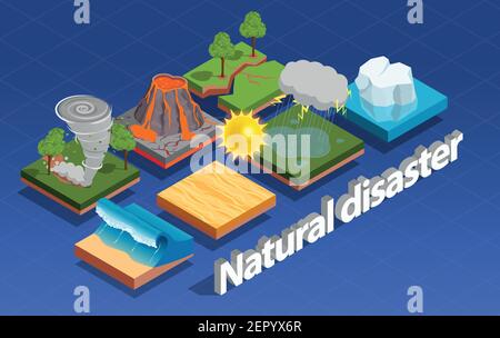 Natural disaster isometric composition with volcano eruption and tornado isolated vector illustration Stock Vector
