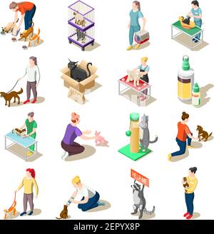 Set of isometric icons animal care volunteers, feeding, walking and grooming, veterinary inspection isolated vector illustration Stock Vector
