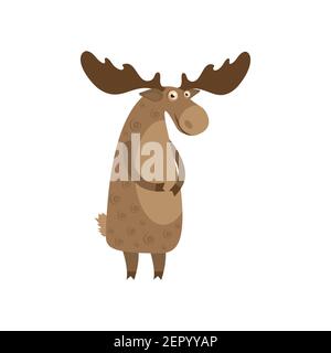 Cute moose cartoon. Happy cartoon elk. Vector illustration isolated on white background. Stock Vector