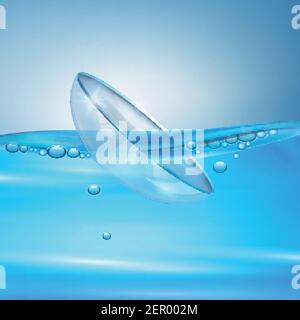 Realistic eye lenses in water with air bubbles, composition on blue background 3d vector illustration Stock Vector